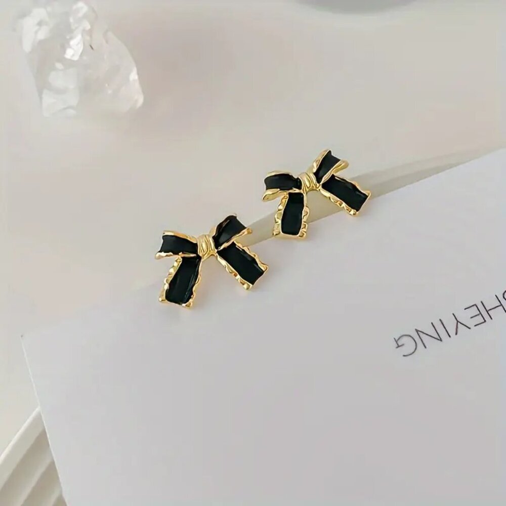 NEW Black coquette bow earrings, black & gold bow jewelry gold bow stud earrings - Picture 5 of 5